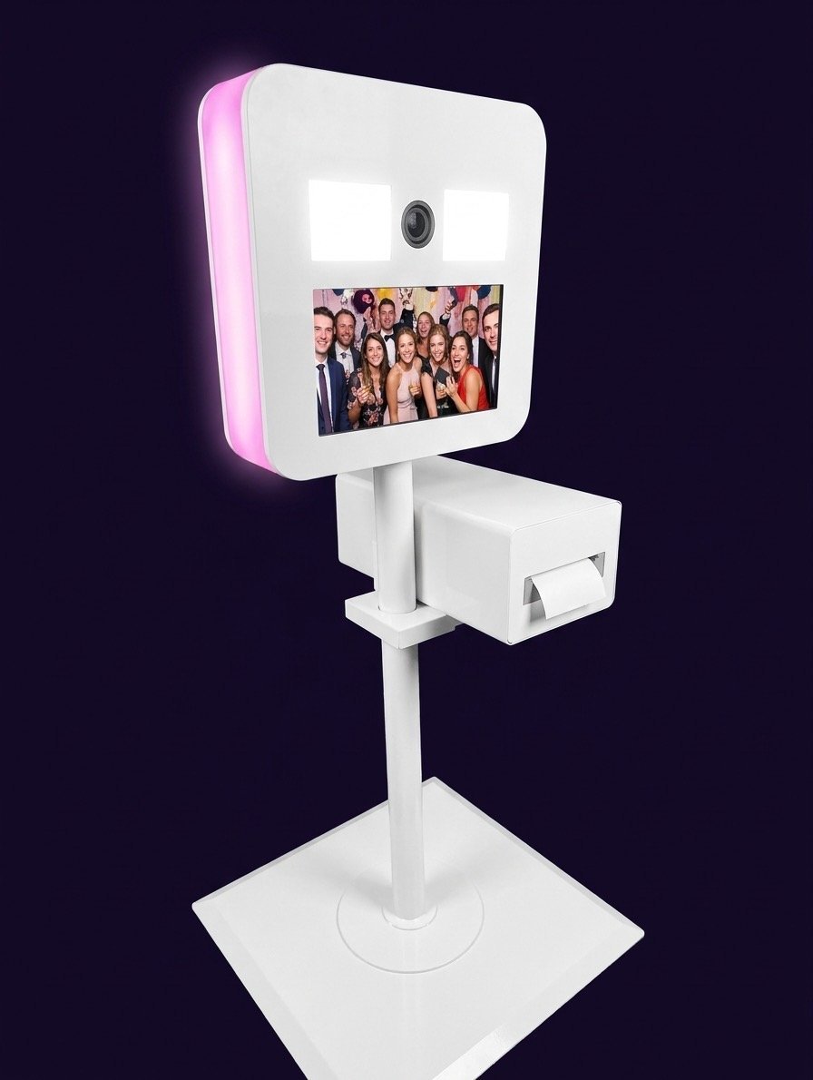 Borne photo selfie blanche avec lumière rose et imprimante intégrée